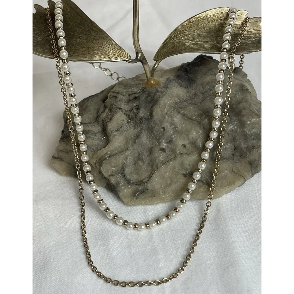 2 Strand Layered Choker Necklace Faux Pearl Gold Tone Cable Chain 12-14" - Picture 1 of 8